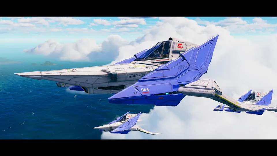 A formation of blue and white Arwings flies over the ocean beneath bright clouds in Star Fox