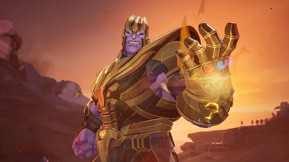 Thanos raising the Infinity Gauntlet against an orange sky in Marvel Rivals