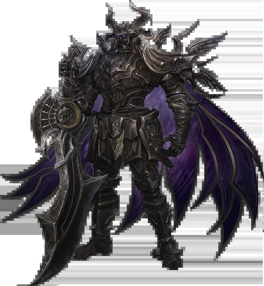 Official art of Veritas of the Dark, the villain of Final Fantasy Resonance, in spiked black armor with a dark blade