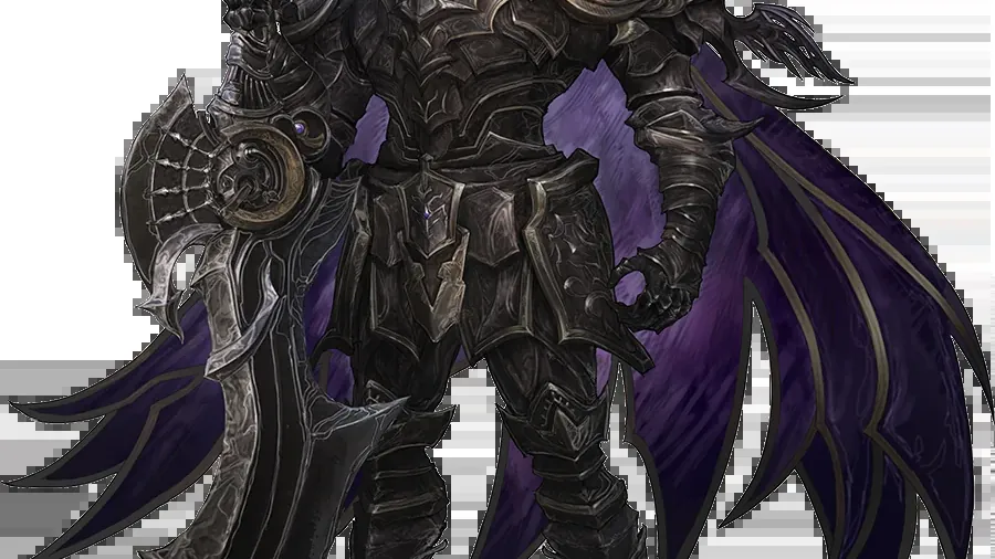 Official art of Veritas of the Dark, the villain of Final Fantasy Resonance, in spiked black armor with a dark blade