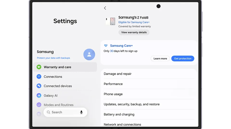 Warranty details for a Galaxy Z Fold8 in the One UI 9 Settings app