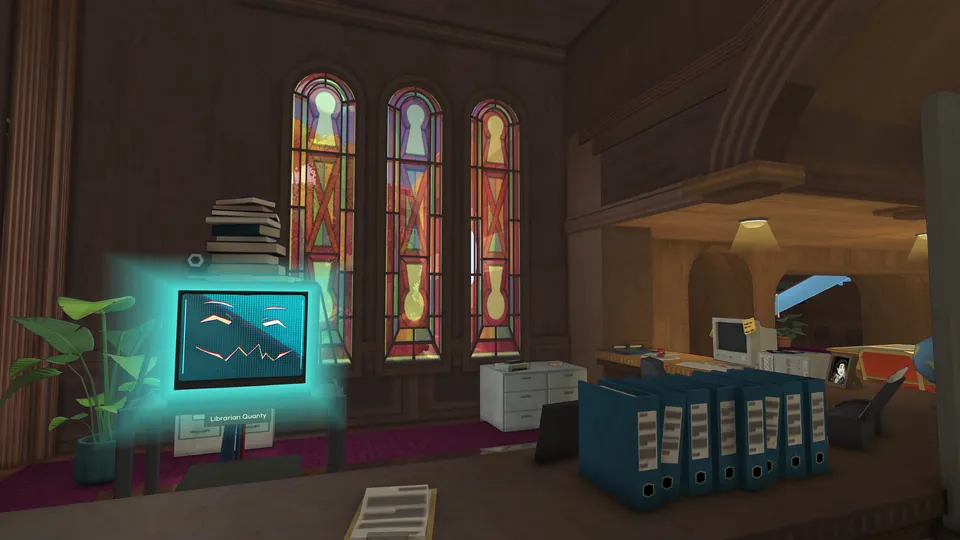 A faculty office with keyhole-shaped stained glass windows, filing boxes and a glowing screen in Escape Academy 2