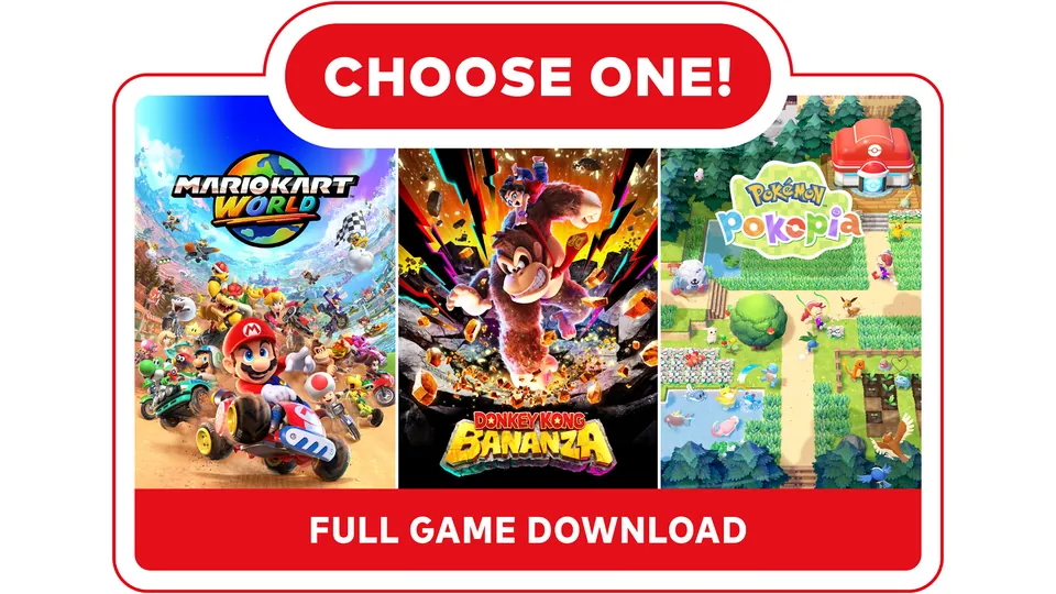 Mario Kart World, Donkey Kong Bananza and Pokémon Pokopia under a Choose One banner for the Switch 2 bundle