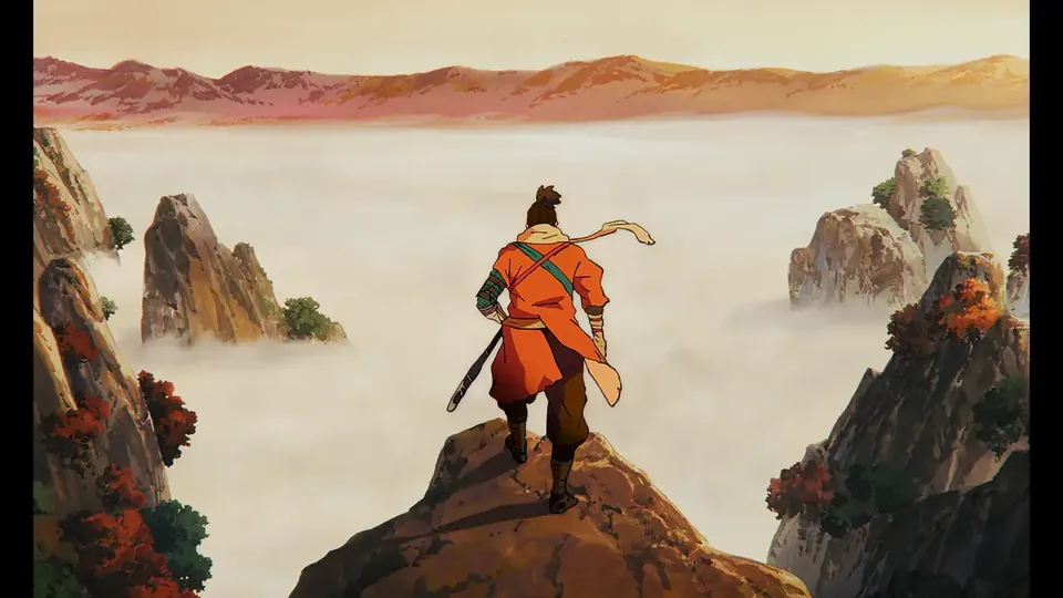 A shinobi in an orange robe stands on a rocky peak above a sea of clouds in Sekiro: No Defeat