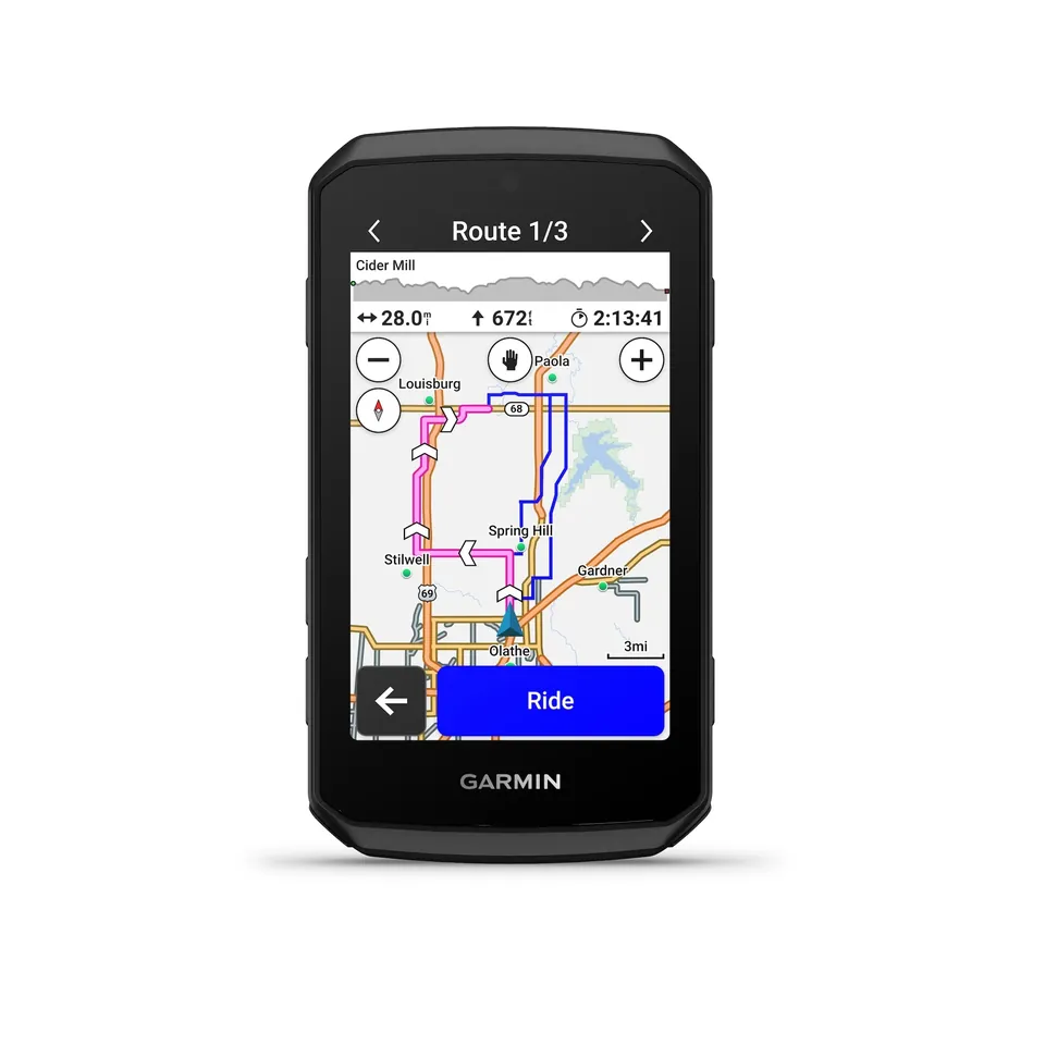 Garmin Edge 1060 screen showing Route 1 of 3 with distance, climb and ride time above a map of route options and a Ride button