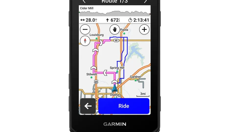 Garmin Edge 1060 screen showing Route 1 of 3 with distance, climb and ride time above a map of route options and a Ride button