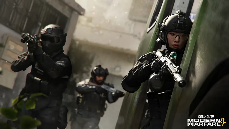 A masked squad advances through an alley beside a green wall in Modern Warfare 4 multiplayer