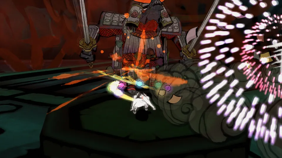 Amaterasu faces an armored samurai boss in a burst of colorful brush strokes in Okami HD