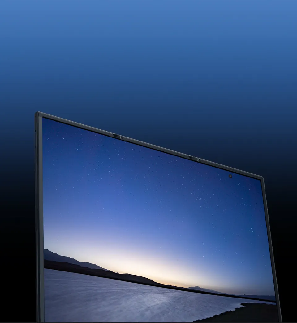 The unfolded Galaxy Z TriFold showing a dusk landscape over water on its 10-inch screen