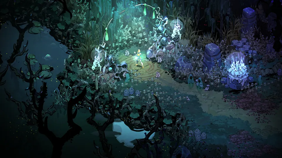 Melinoë fights skeletal shades among glowing blue stones in a dark teal forest