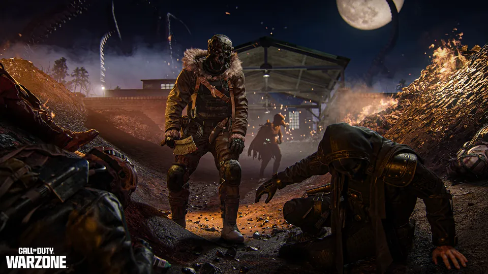 An operator in a fur-lined hood stands over glowing coins under a full moon in Warzone Season 6