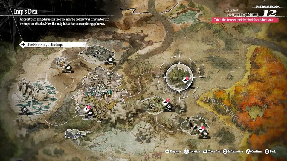 A painted fantasy map shows dungeon icons and a mission marker over an imp's den