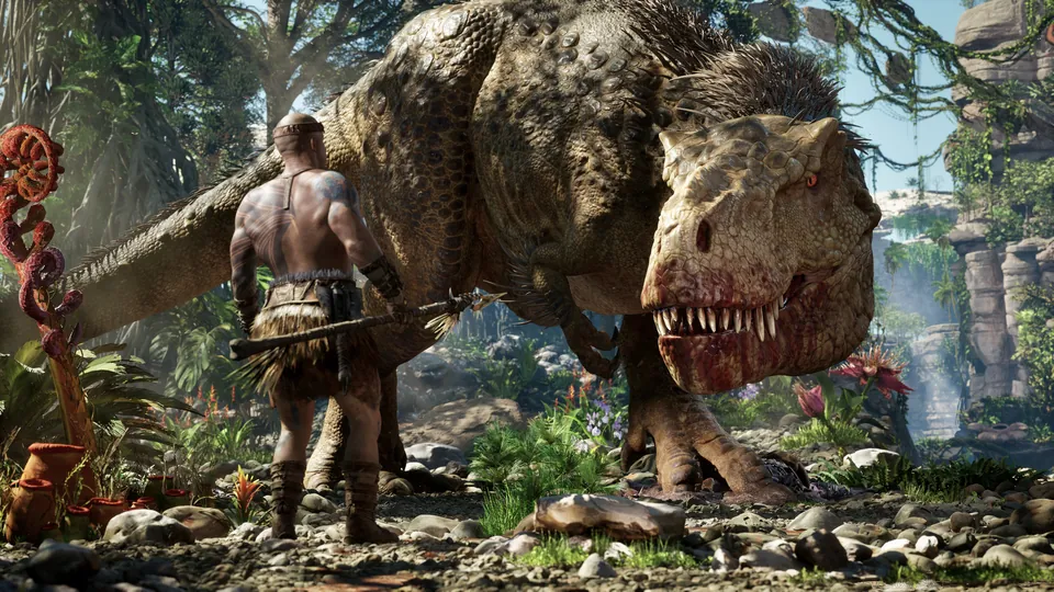 Santiago stands with a spear next to a bloodied tyrannosaur in a jungle camp in ARK 2