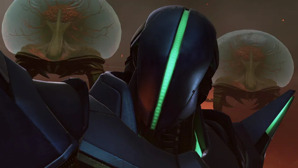 Sylux in a dark green-striped helmet stands in front of two Metroids held in glass jars