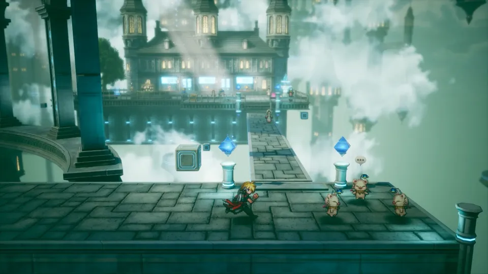 Final Fantasy Resonance screenshot: Rain walks along a stone bridge toward moogles below a castle in the clouds