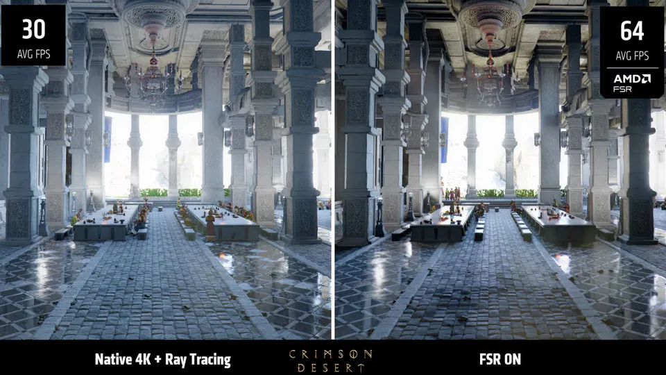 AMD Crimson Desert comparison on a Radeon RX 9070 XT, 30 fps at native 4K with ray tracing and 64 fps with FSR on