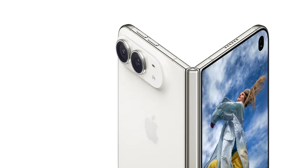 A half-open iPhone Duo in star white showing the dual rear cameras on one half and the inner screen on the other