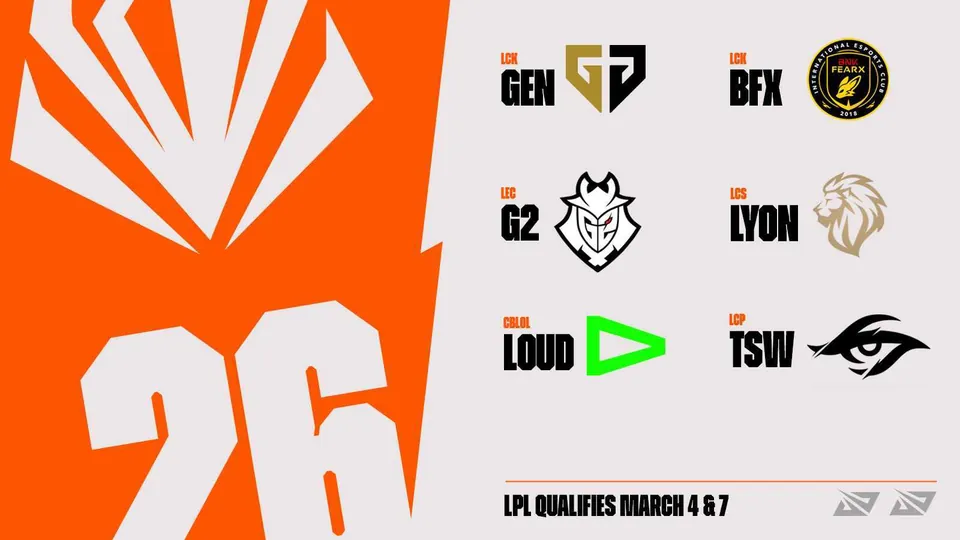 First Stand 2026 artwork with a large 26 and the logos of Gen.G, BFX, G2, Lyon, LOUD and Team Secret Whales