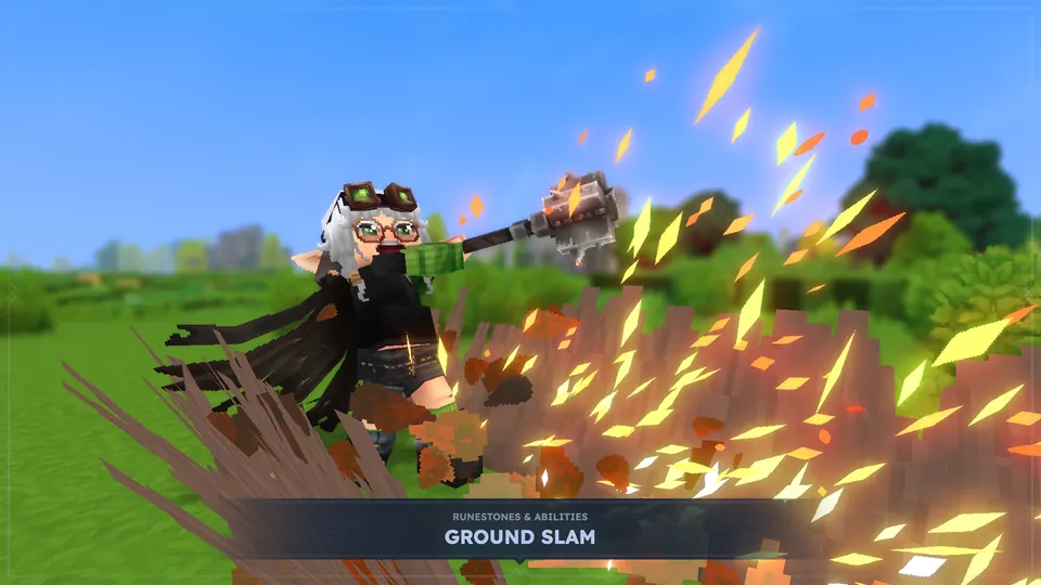 A player swings a hammer in a Ground Slam attack in a sunny meadow in Hytale