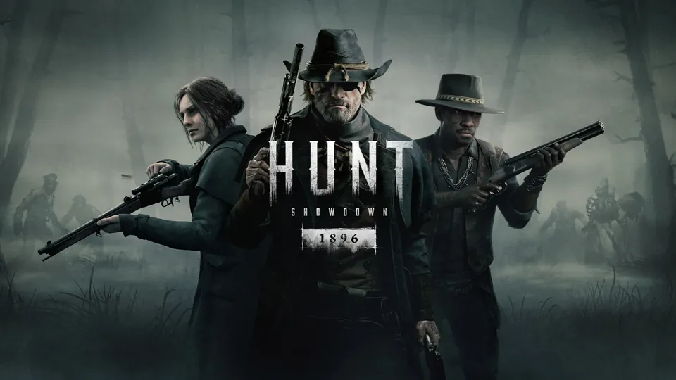Three hunters with rifles in a foggy swamp in key art for Hunt: Showdown 1896
