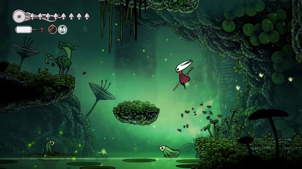 Hornet leaps between mossy platforms over green water in Hollow Knight: Silksong