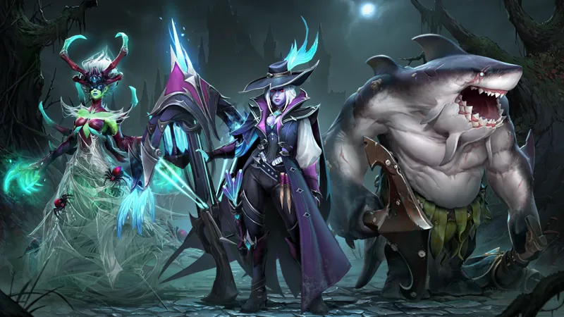 Dota 2 Trove of Terror art with a spider-themed hero in webbed robes, a pale archer in a feathered hat and a shark-headed brute