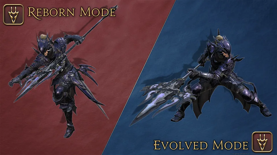 An armored warrior with a spear strikes the same pose under Reborn Mode and Evolved Mode banners in Final Fantasy XIV: Evercold