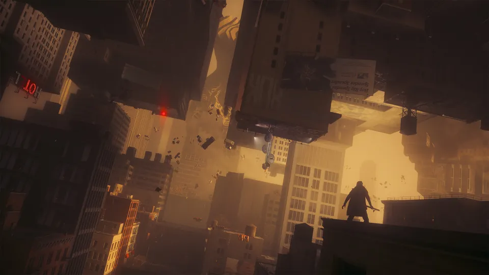 A lone figure stands on a rooftop among warped, upside-down Manhattan skyscrapers in Control Resonant