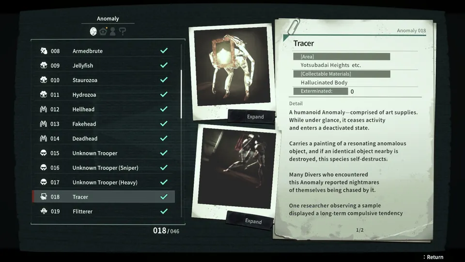 An Anomalith Dive Report lists defeated Anomalies, with a file on the Tracer
