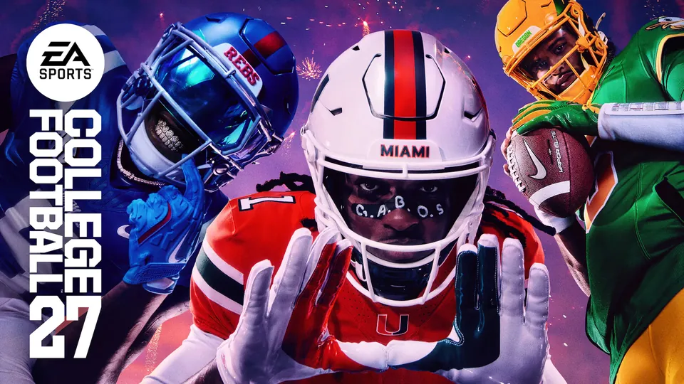 Players from Ole Miss, Miami and Oregon in College Football 27 key art