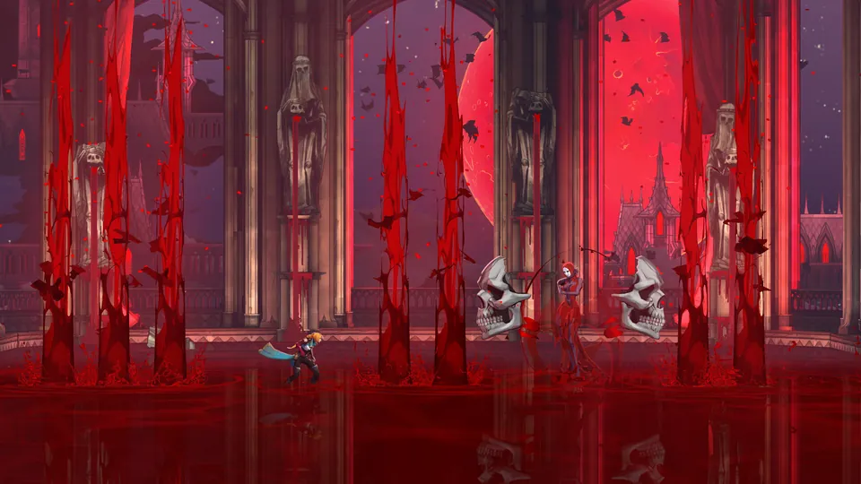 A Gothic hall flooded with blood, lined with crimson spikes and statues, holds skull-faced foes in Castlevania: Belmont’s Curse