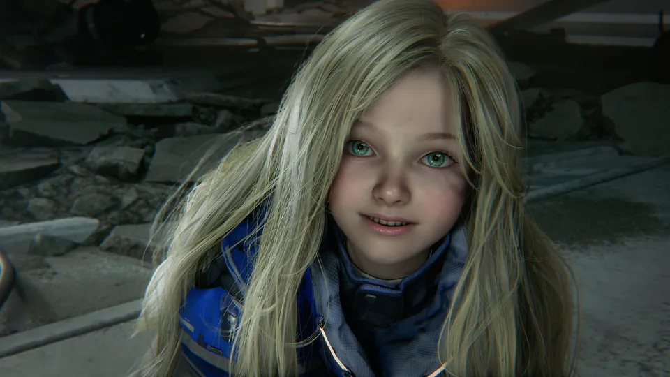 Pragmata close-up of Diana, the android girl with long blond hair, in a ruined corridor