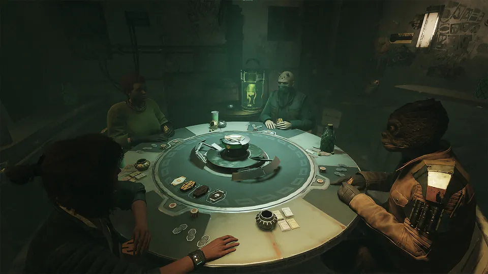 Players gather around a glowing sabacc table in a dim cantina in Star Wars Outlaws on Nintendo Switch 2