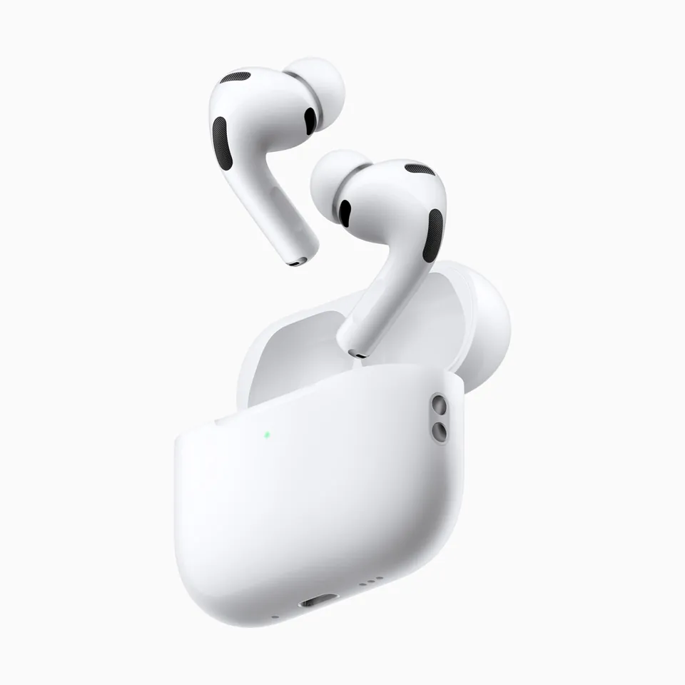AirPods Pro 3 earbuds above their open charging case