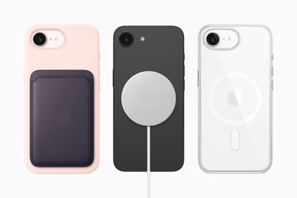 Three iPhone 17e phones with a pink silicone case and wallet, a MagSafe charger and a clear case