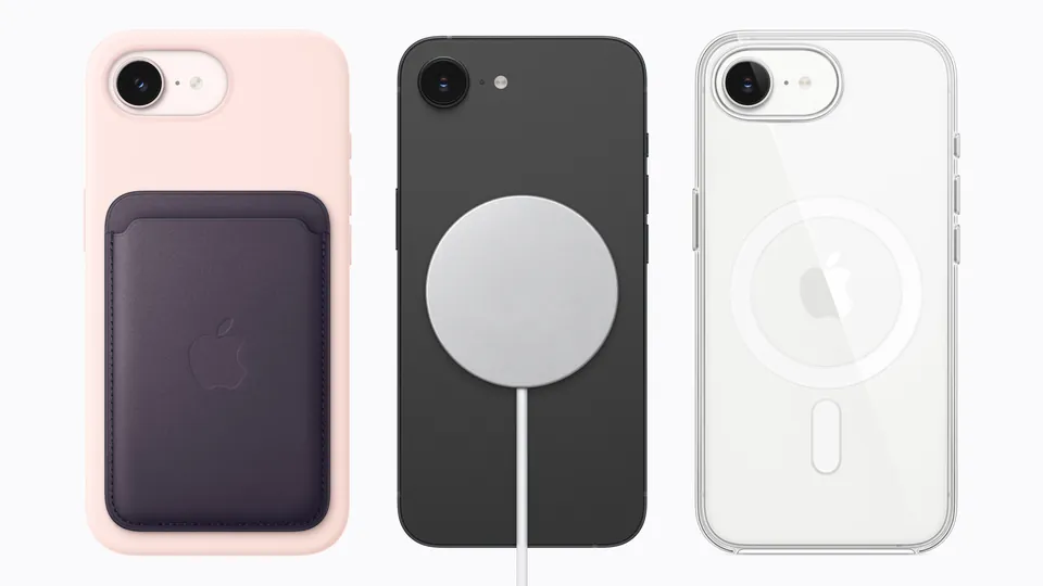 Three iPhone 17e phones with a pink silicone case and wallet, a MagSafe charger and a clear case