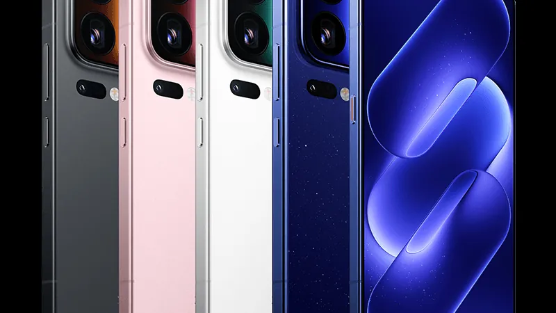 The Xiaomi 18 Pro in black, Ice Peach Pink, white and Galaxy Blue, with the rear display beside the cameras