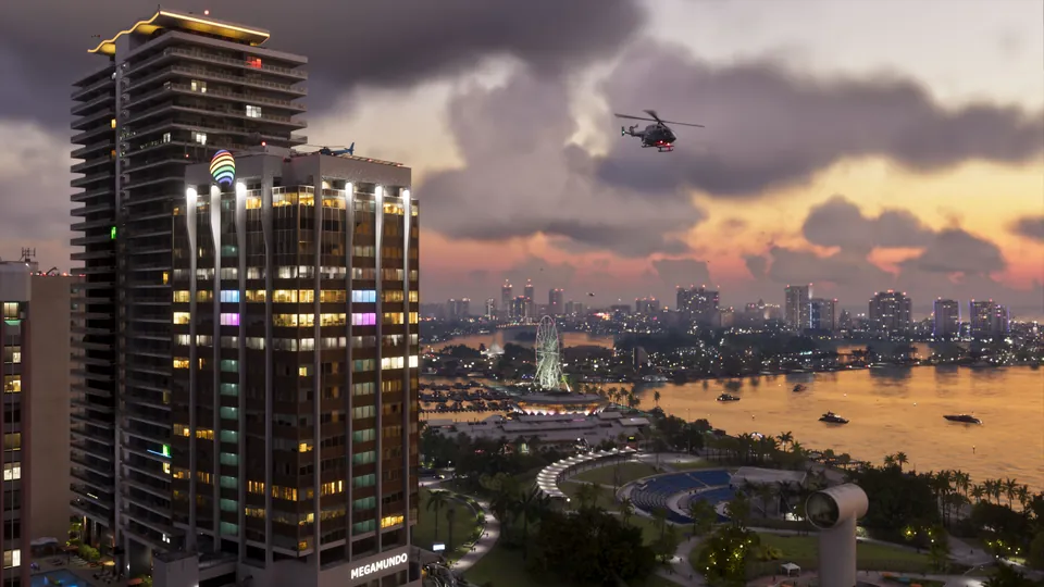 A tall tower on the Vice City shore under storm clouds, a helicopter in the sky