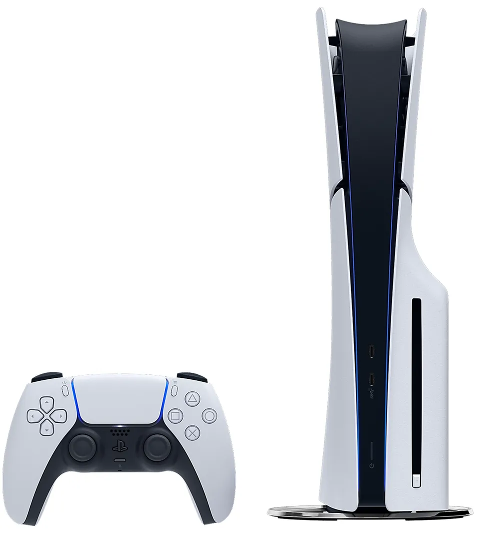 The slimmer PS5 with a disc drive standing upright next to a white DualSense controller