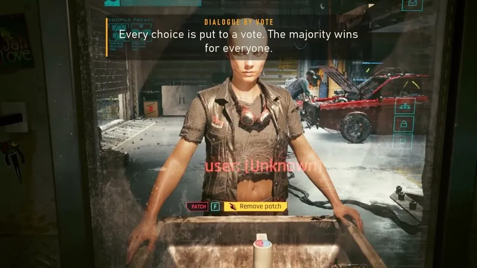 A Cyberpunk 2077 dialogue scene in NightCoop under a Dialogue by vote banner that says every choice is put to a vote
