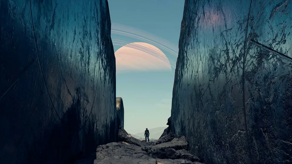 An explorer walks through a narrow canyon toward a ringed planet in the sky in Starfield.