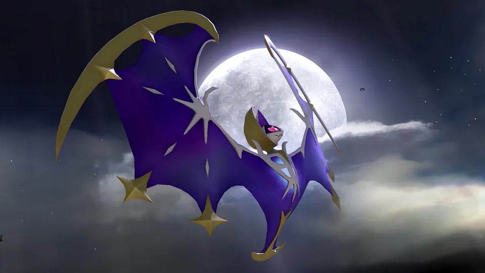 The Pokemon Lunala spreads its wings in front of a full moon in Super Smash Bros. Ultimate