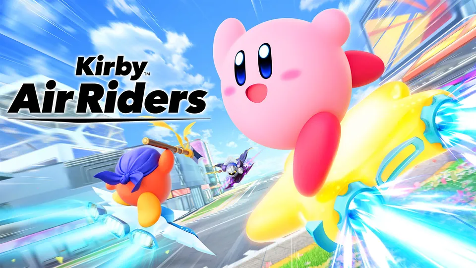 Kirby rides a yellow star through the air in Nintendo's key art for Kirby Air Riders on Switch 2