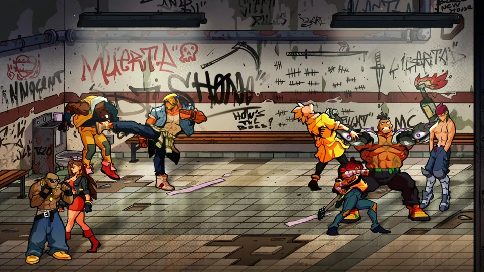 A crowd of street fighters clashes in a graffiti-covered station in Streets of Rage 4