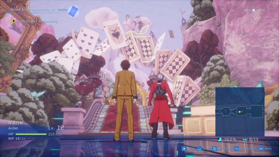 The player and Archer explore a dungeon of giant playing cards in SE.RA.PH in Fate/Extra Record