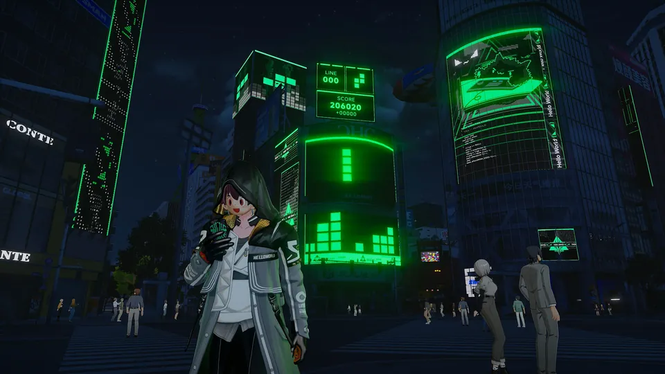 A character in a long coat walks a night street lit by green neon screens in Ananta