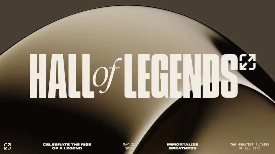 The Hall of Legends logo in white lettering on a gold and black background, from Riot's 2024 announcement