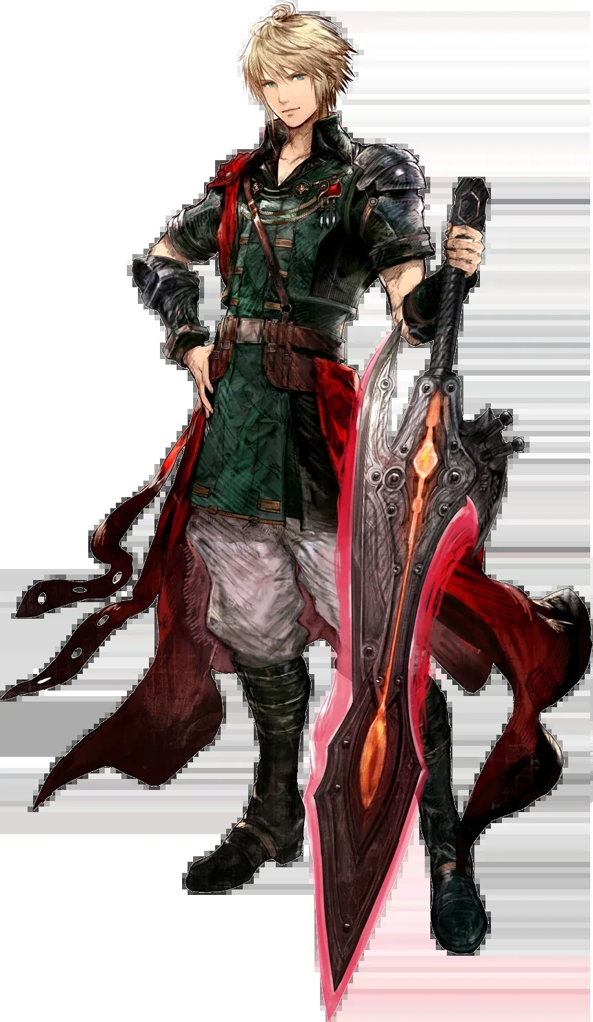 Official art of Rain, the main character of Final Fantasy Resonance, in a green coat holding a large red sword
