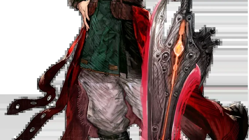 Official art of Rain, the main character of Final Fantasy Resonance, in a green coat holding a large red sword