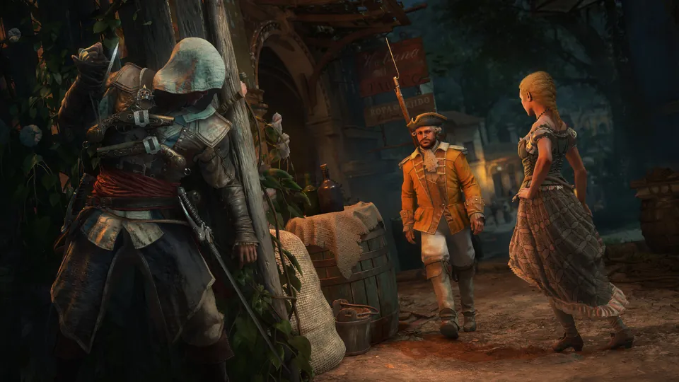 A hooded assassin with a hidden blade raised watches a soldier in an orange coat and a woman outside a tavern in Assassin's Creed Black Flag Resynced
